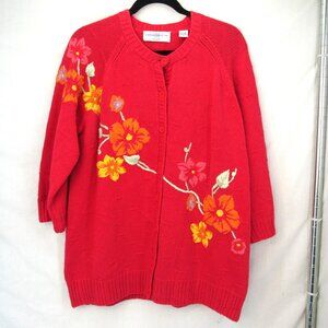 Marisa Christina Women Red Knit Emb Floral Long Sleeve Button Up Sweater 1X